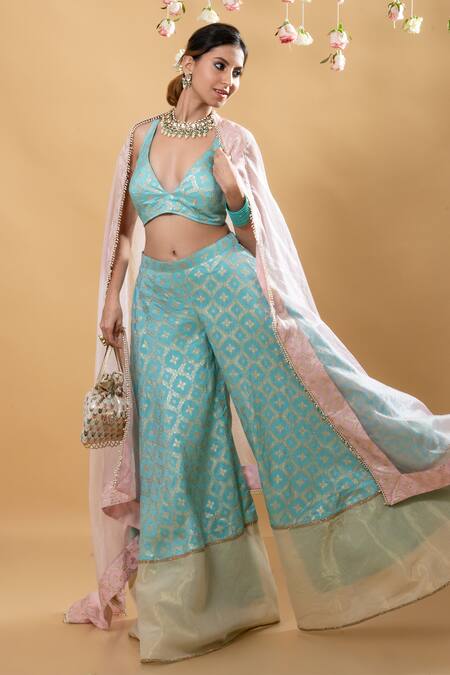 Shop Monk & Mei By Sonia Anand Blue Brocade, Chiffon Embroidery Plunge Neck Nitya Pattern Blouse Sharara Set Online at Aza Fashions Shop_Monk & Mei By Sonia Anand_Blue Brocade, Chiffon Embroidery Plunge Neck Nitya Pattern Blouse Sharara Set _Online_at_Aza_Fashions