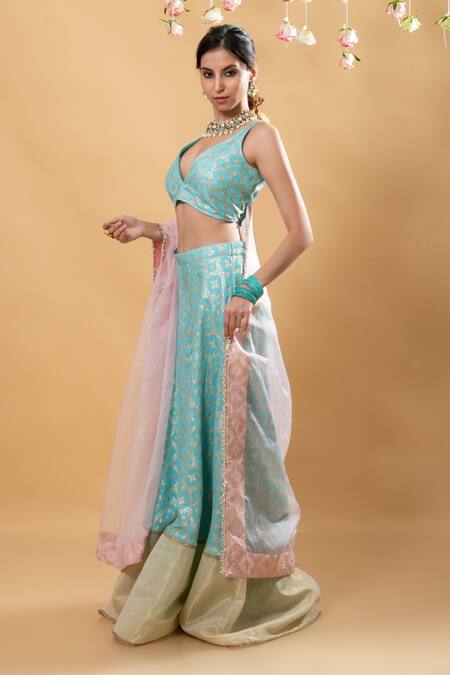 Monk & Mei By Sonia Anand Blue Brocade, Chiffon Embroidery Plunge Neck Nitya Pattern Blouse Sharara Set at Aza Fashions Monk & Mei By Sonia Anand_Blue Brocade, Chiffon Embroidery Plunge Neck Nitya Pattern Blouse Sharara Set _at_Aza_Fashions