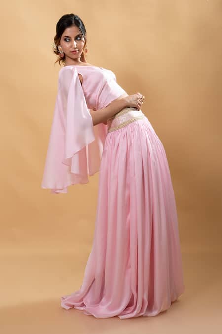 Monk & Mei By Sonia Anand_Pink Satin Pearls V-neck Embellished Lehenga Set _at_Aza_Fashions