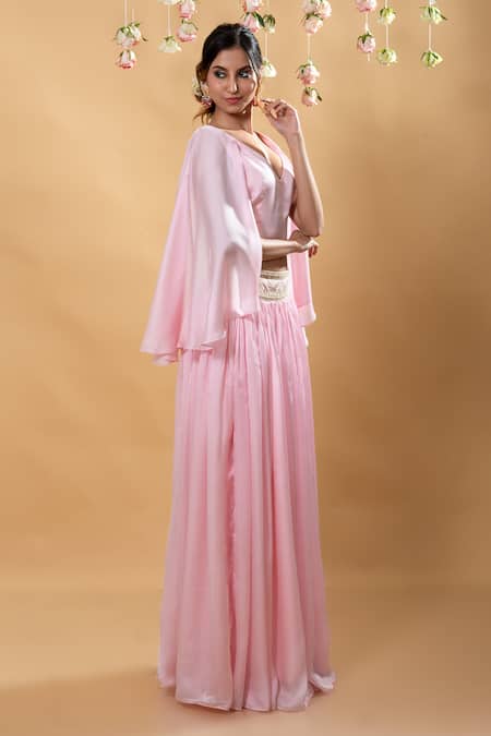 Buy_Monk & Mei By Sonia Anand_Pink Satin Pearls V-neck Embellished Lehenga Set 