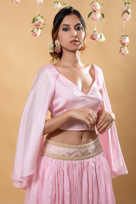 Shop_Monk & Mei By Sonia Anand_Pink Satin Pearls V-neck Embellished Lehenga Set 