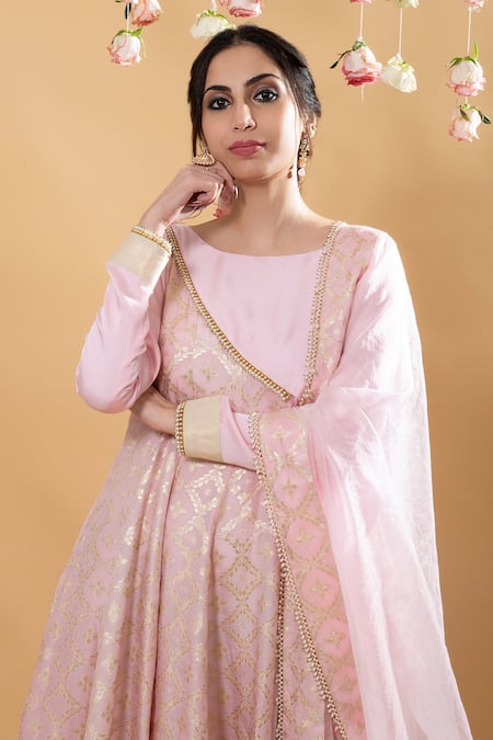 Monk & Mei By Sonia Anand_Pink Brocade Embroidery Round Neck Satya Floral Pattern Anarkali With Dupatta _Online_at_Aza_Fashions