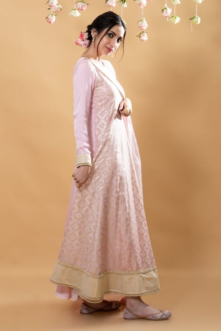 Buy_Monk & Mei By Sonia Anand_Pink Brocade Embroidery Round Neck Satya Floral Pattern Anarkali With Dupatta _Online_at_Aza_Fashions