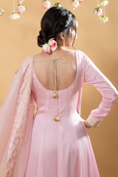 Shop_Monk & Mei By Sonia Anand_Pink Brocade Embroidery Round Neck Satya Floral Pattern Anarkali With Dupatta _Online_at_Aza_Fashions