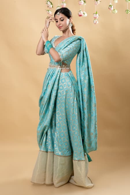 Buy Monk & Mei By Sonia Anand Blue Brocade Embroidery V-neck Sevati Flower Blouse Sharara Set Online at Aza Fashions Buy_Monk & Mei By Sonia Anand_Blue Brocade Embroidery V-neck Sevati Flower Blouse Sharara Set _Online_at_Aza_Fashions