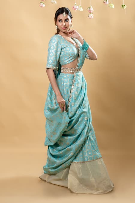 Shop Monk & Mei By Sonia Anand Blue Brocade Embroidery V-neck Sevati Flower Blouse Sharara Set Online at Aza Fashions Shop_Monk & Mei By Sonia Anand_Blue Brocade Embroidery V-neck Sevati Flower Blouse Sharara Set _Online_at_Aza_Fashions