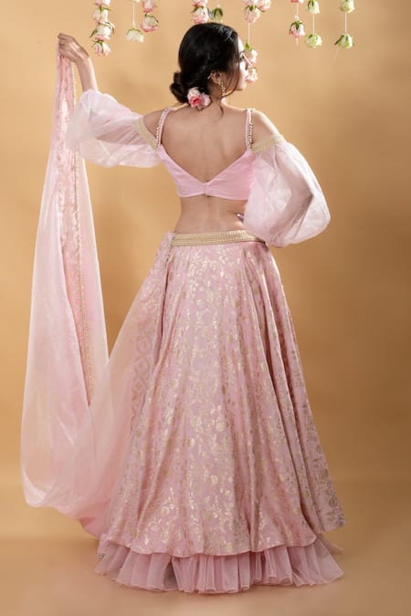 Monk & Mei By Sonia Anand_Pink Brocade Pearls Sweetheart Neck Tara Floral Pattern Lehenga Set _Online_at_Aza_Fashions