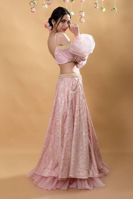 Buy_Monk & Mei By Sonia Anand_Pink Brocade Pearls Sweetheart Neck Tara Floral Pattern Lehenga Set _Online_at_Aza_Fashions