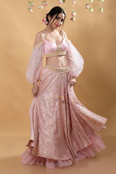 Shop_Monk & Mei By Sonia Anand_Pink Brocade Pearls Sweetheart Neck Tara Floral Pattern Lehenga Set _Online_at_Aza_Fashions