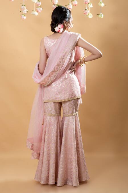 Shop_Monk & Mei By Sonia Anand_Pink Brocade Pearls Round Neck Vani Flower Pattern Kurta Sharara Set _at_Aza_Fashions
