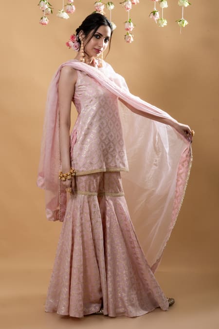 Monk & Mei By Sonia Anand_Pink Brocade Pearls Round Neck Vani Flower Pattern Kurta Sharara Set _Online_at_Aza_Fashions
