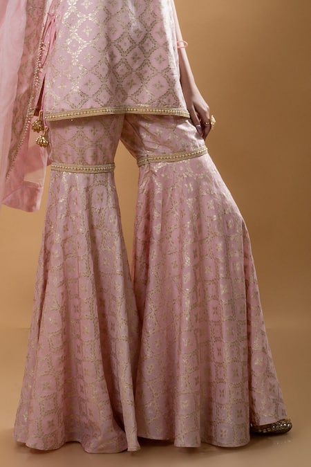 Buy_Monk & Mei By Sonia Anand_Pink Brocade Pearls Round Neck Vani Flower Pattern Kurta Sharara Set _Online_at_Aza_Fashions