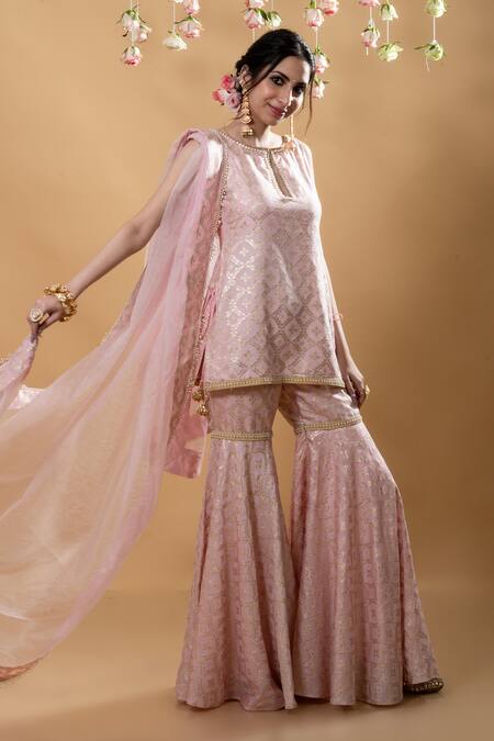 Shop_Monk & Mei By Sonia Anand_Pink Brocade Pearls Round Neck Vani Flower Pattern Kurta Sharara Set _Online_at_Aza_Fashions