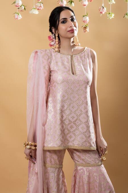 Monk & Mei By Sonia Anand_Pink Brocade Pearls Round Neck Vani Flower Pattern Kurta Sharara Set _at_Aza_Fashions