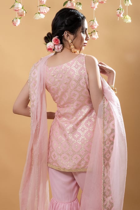 Buy_Monk & Mei By Sonia Anand_Pink Brocade Pearls Round Neck Vani Flower Pattern Kurta Sharara Set 