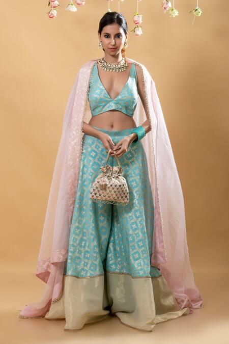 Buy Monk & Mei By Sonia Anand Blue Brocade, Chiffon Embroidery Plunge Neck Nitya Pattern Blouse Sharara Set Buy_Monk & Mei By Sonia Anand_Blue Brocade, Chiffon Embroidery Plunge Neck Nitya Pattern Blouse Sharara Set