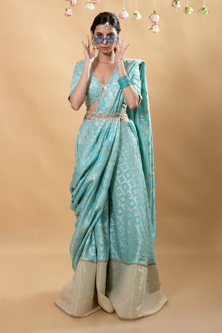 Buy Monk & Mei By Sonia Anand Blue Brocade Embroidery V-neck Sevati Flower Blouse Sharara Set Buy_Monk & Mei By Sonia Anand_Blue Brocade Embroidery V-neck Sevati Flower Blouse Sharara Set