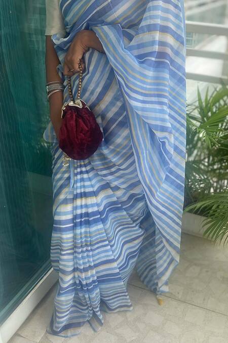 Khela_Blue Cotton Silk Striped Pattern Saree_Online_at_Aza_Fashions