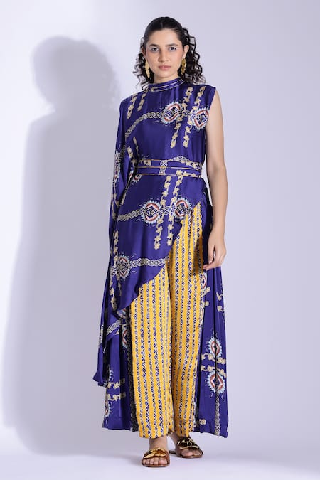 Studio Surbhi Yellow Georgette, Satin Piping Bandeau Printed Asymmetric Top And Pleated Pant Set 