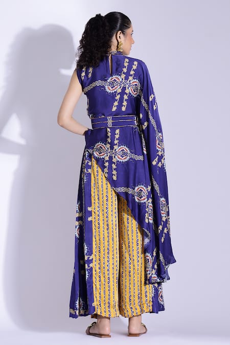 Shop Studio Surbhi Yellow Georgette, Satin Piping Bandeau Printed Asymmetric Top And Pleated Pant Set at Aza Fashions Shop_Studio Surbhi_Yellow Georgette, Satin Piping Bandeau Printed Asymmetric Top And Pleated Pant Set _at_Aza_Fashions