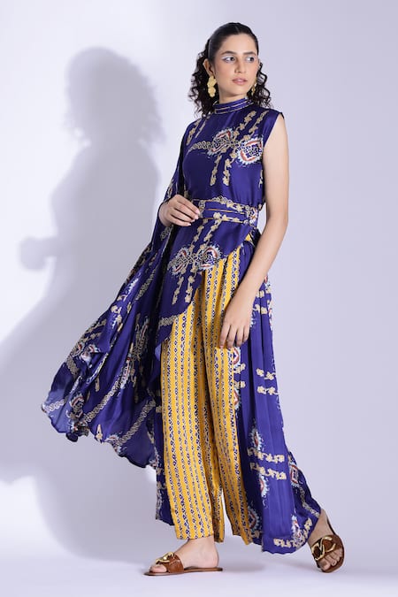 Buy Studio Surbhi Yellow Georgette, Satin Piping Bandeau Printed Asymmetric Top And Pleated Pant Set Online at Aza Fashions Buy_Studio Surbhi_Yellow Georgette, Satin Piping Bandeau Printed Asymmetric Top And Pleated Pant Set _Online_at_Aza_Fashions