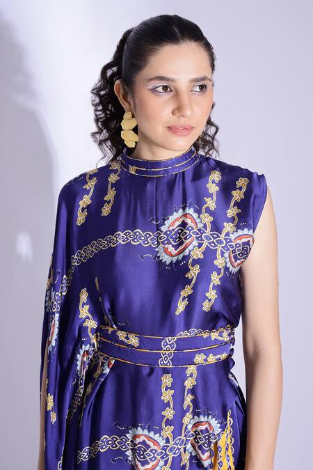 Studio Surbhi Yellow Georgette, Satin Piping Bandeau Printed Asymmetric Top And Pleated Pant Set at Aza Fashions Studio Surbhi_Yellow Georgette, Satin Piping Bandeau Printed Asymmetric Top And Pleated Pant Set _at_Aza_Fashions