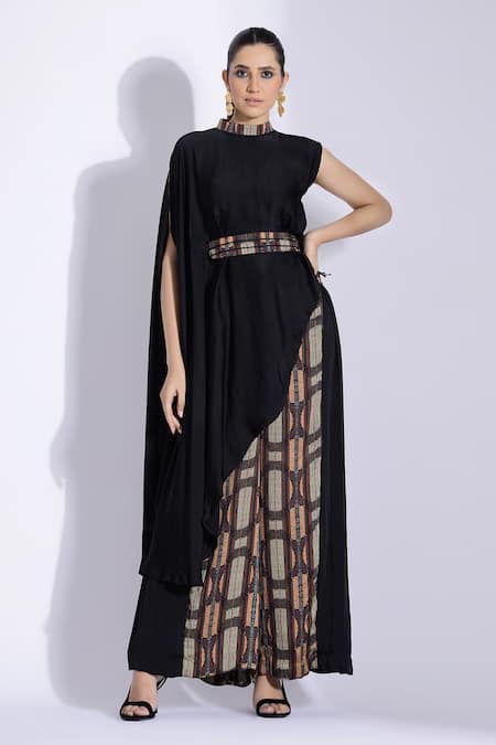 Studio Surbhi Black Georgette, Satin Piping Bandeau Neck Asymmetric Top And Side Pleated Pant 