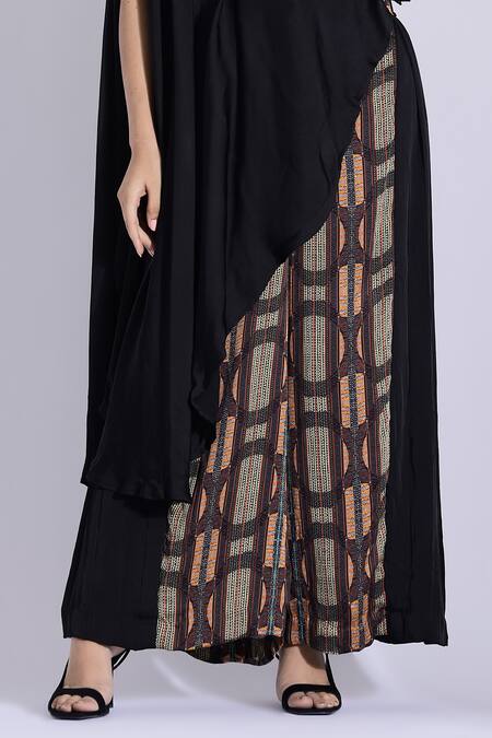 Studio Surbhi Black Georgette, Satin Piping Bandeau Neck Asymmetric Top And Side Pleated Pant Online at Aza Fashions Studio Surbhi_Black Georgette, Satin Piping Bandeau Neck Asymmetric Top And Side Pleated Pant _Online_at_Aza_Fashions