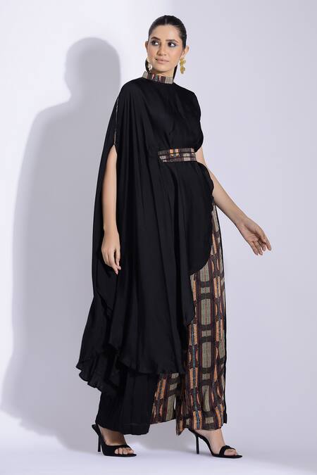 Buy Studio Surbhi Black Georgette, Satin Piping Bandeau Neck Asymmetric Top And Side Pleated Pant Online at Aza Fashions Buy_Studio Surbhi_Black Georgette, Satin Piping Bandeau Neck Asymmetric Top And Side Pleated Pant _Online_at_Aza_Fashions