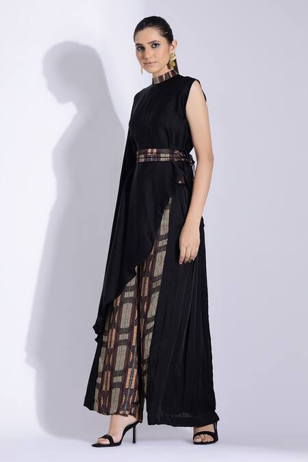 Shop Studio Surbhi Black Georgette, Satin Piping Bandeau Neck Asymmetric Top And Side Pleated Pant Online at Aza Fashions Shop_Studio Surbhi_Black Georgette, Satin Piping Bandeau Neck Asymmetric Top And Side Pleated Pant _Online_at_Aza_Fashions