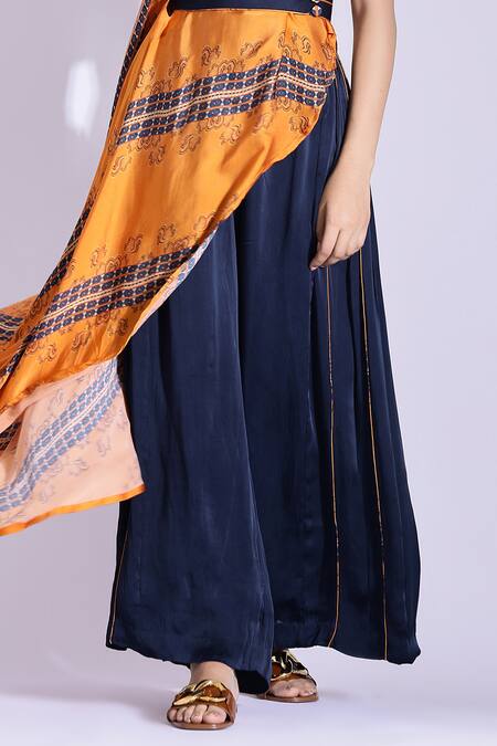 Studio Surbhi_Orange Georgette, Satin Bandeau Neck Abstract Print Asymmetric Top And Flared Pant _Online_at_Aza_Fashions