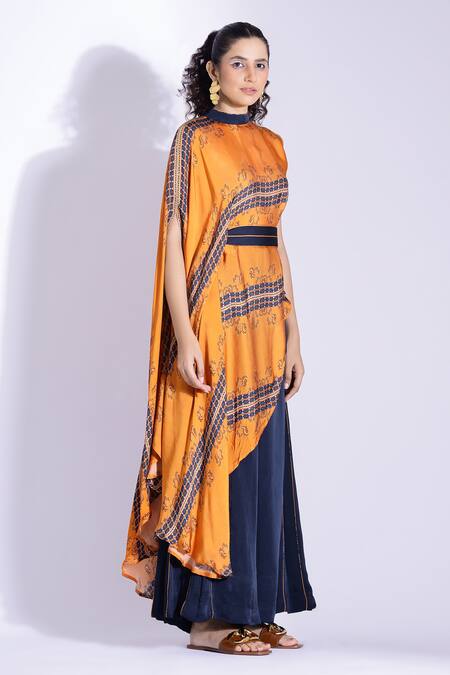 Shop_Studio Surbhi_Orange Georgette, Satin Bandeau Neck Abstract Print Asymmetric Top And Flared Pant _Online_at_Aza_Fashions