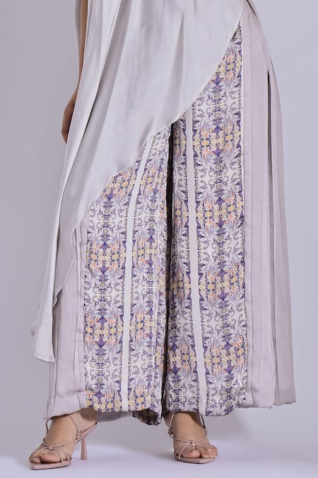Studio Surbhi_Grey Georgette, Satin Bandeau Neck Asymmetric Top With Side Pleated Flared Pant _Online_at_Aza_Fashions