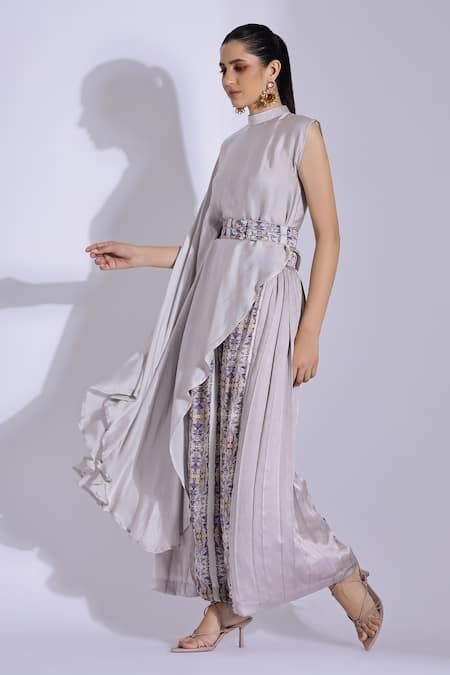 Buy_Studio Surbhi_Grey Georgette, Satin Bandeau Neck Asymmetric Top With Side Pleated Flared Pant _Online_at_Aza_Fashions