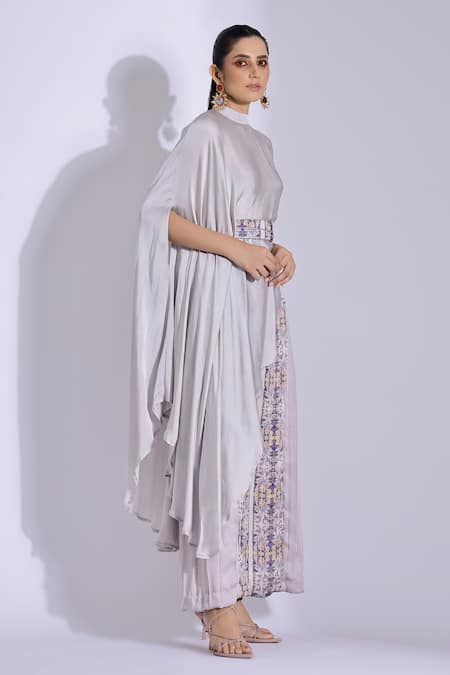 Shop_Studio Surbhi_Grey Georgette, Satin Bandeau Neck Asymmetric Top With Side Pleated Flared Pant _Online_at_Aza_Fashions