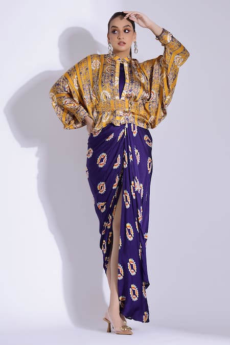 Studio Surbhi Yellow Georgette, Satin Embroidery, Beads Printed Hand Draped Dress With Shirt 