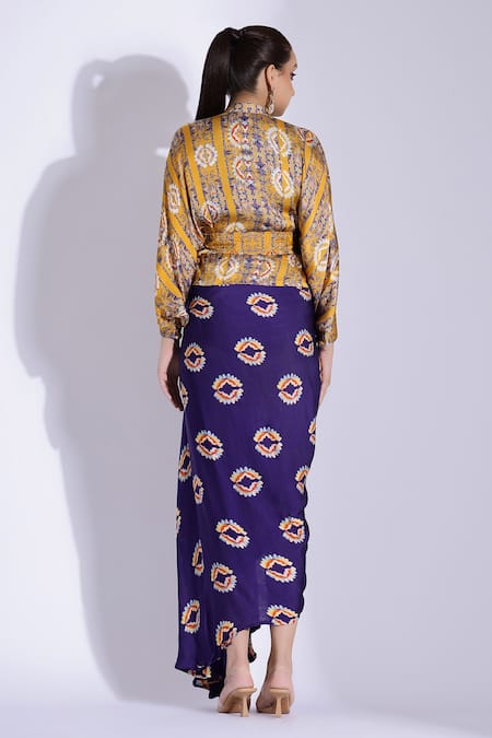 Shop Studio Surbhi Yellow Georgette, Satin Embroidery, Beads Printed Hand Draped Dress With Shirt at Aza Fashions Shop_Studio Surbhi_Yellow Georgette, Satin Embroidery, Beads Printed Hand Draped Dress With Shirt _at_Aza_Fashions