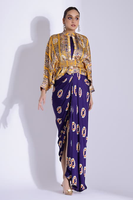 Buy Studio Surbhi Yellow Georgette, Satin Embroidery, Beads Printed Hand Draped Dress With Shirt Online at Aza Fashions Buy_Studio Surbhi_Yellow Georgette, Satin Embroidery, Beads Printed Hand Draped Dress With Shirt _Online_at_Aza_Fashions