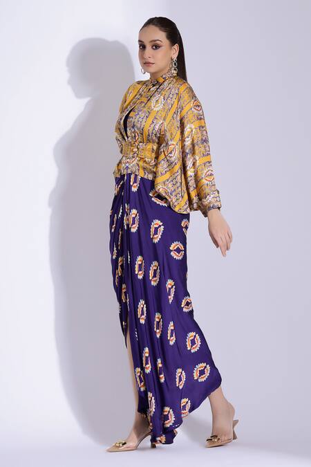 Studio Surbhi Yellow Georgette, Satin Embroidery, Beads Printed Hand Draped Dress With Shirt at Aza Fashions Studio Surbhi_Yellow Georgette, Satin Embroidery, Beads Printed Hand Draped Dress With Shirt _at_Aza_Fashions