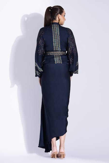 Shop Studio Surbhi Blue Georgette Bows Collared Draped Dress With Printed Kimono Shirt at Aza Fashions Shop_Studio Surbhi_Blue Georgette Bows Collared Draped Dress With Printed Kimono Shirt _at_Aza_Fashions
