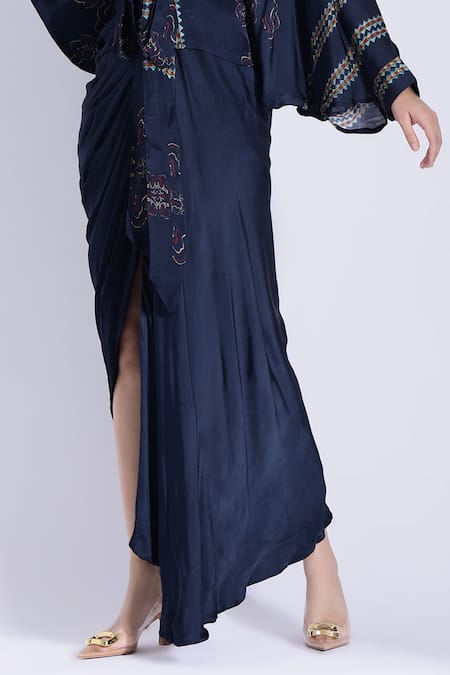 Buy Studio Surbhi Blue Georgette Bows Collared Draped Dress With Printed Kimono Shirt Online at Aza Fashions Buy_Studio Surbhi_Blue Georgette Bows Collared Draped Dress With Printed Kimono Shirt _Online_at_Aza_Fashions
