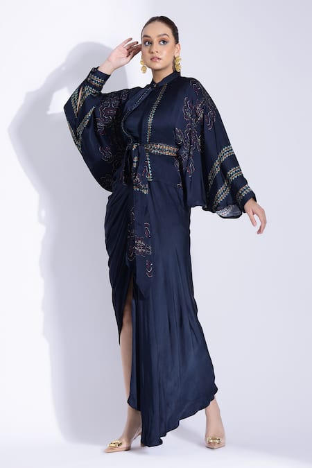 Shop Studio Surbhi Blue Georgette Bows Collared Draped Dress With Printed Kimono Shirt Online at Aza Fashions Shop_Studio Surbhi_Blue Georgette Bows Collared Draped Dress With Printed Kimono Shirt _Online_at_Aza_Fashions