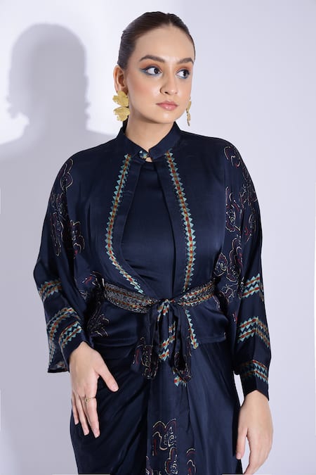 Studio Surbhi Blue Georgette Bows Collared Draped Dress With Printed Kimono Shirt at Aza Fashions Studio Surbhi_Blue Georgette Bows Collared Draped Dress With Printed Kimono Shirt _at_Aza_Fashions