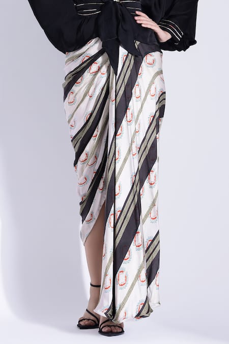 Studio Surbhi_Off White Georgette, Satin Piping Printed Draped Dress With Kimono Shirt _Online_at_Aza_Fashions