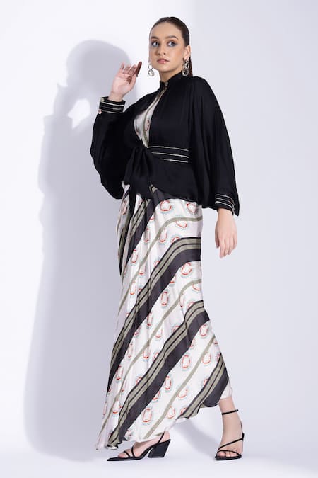 Shop_Studio Surbhi_Off White Georgette, Satin Piping Printed Draped Dress With Kimono Shirt _Online_at_Aza_Fashions