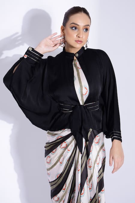 Studio Surbhi_Off White Georgette, Satin Piping Printed Draped Dress With Kimono Shirt _at_Aza_Fashions