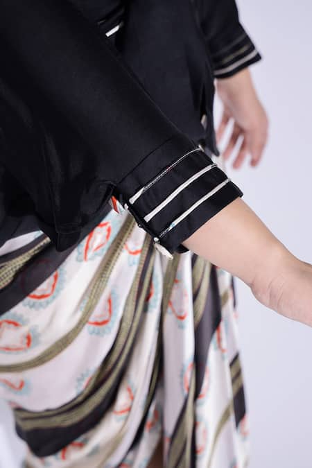 Buy_Studio Surbhi_Off White Georgette, Satin Piping Printed Draped Dress With Kimono Shirt 