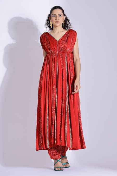 Studio Surbhi Red Georgette, Satin V-neck Printed Slit Anarkali With Pant 