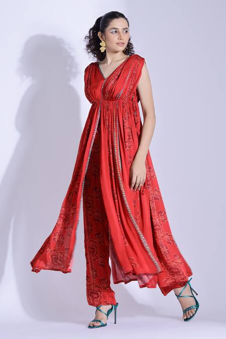 Studio Surbhi Red Georgette, Satin V-neck Printed Slit Anarkali With Pant Online at Aza Fashions Studio Surbhi_Red Georgette, Satin V-neck Printed Slit Anarkali With Pant _Online_at_Aza_Fashions