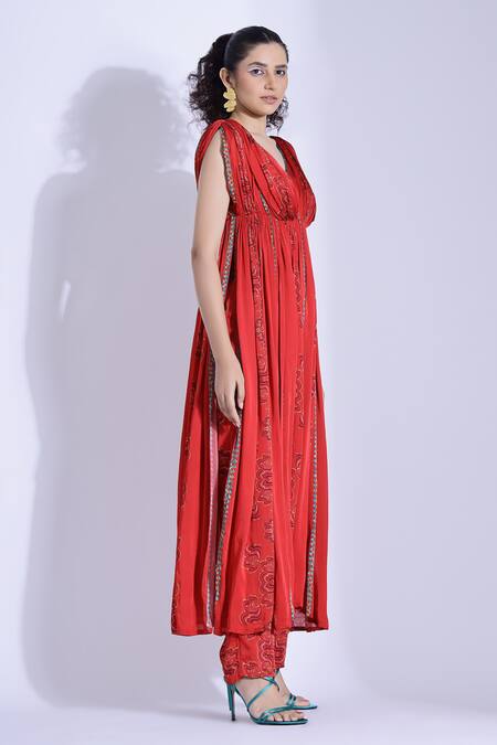 Buy Studio Surbhi Red Georgette, Satin V-neck Printed Slit Anarkali With Pant Online at Aza Fashions Buy_Studio Surbhi_Red Georgette, Satin V-neck Printed Slit Anarkali With Pant _Online_at_Aza_Fashions